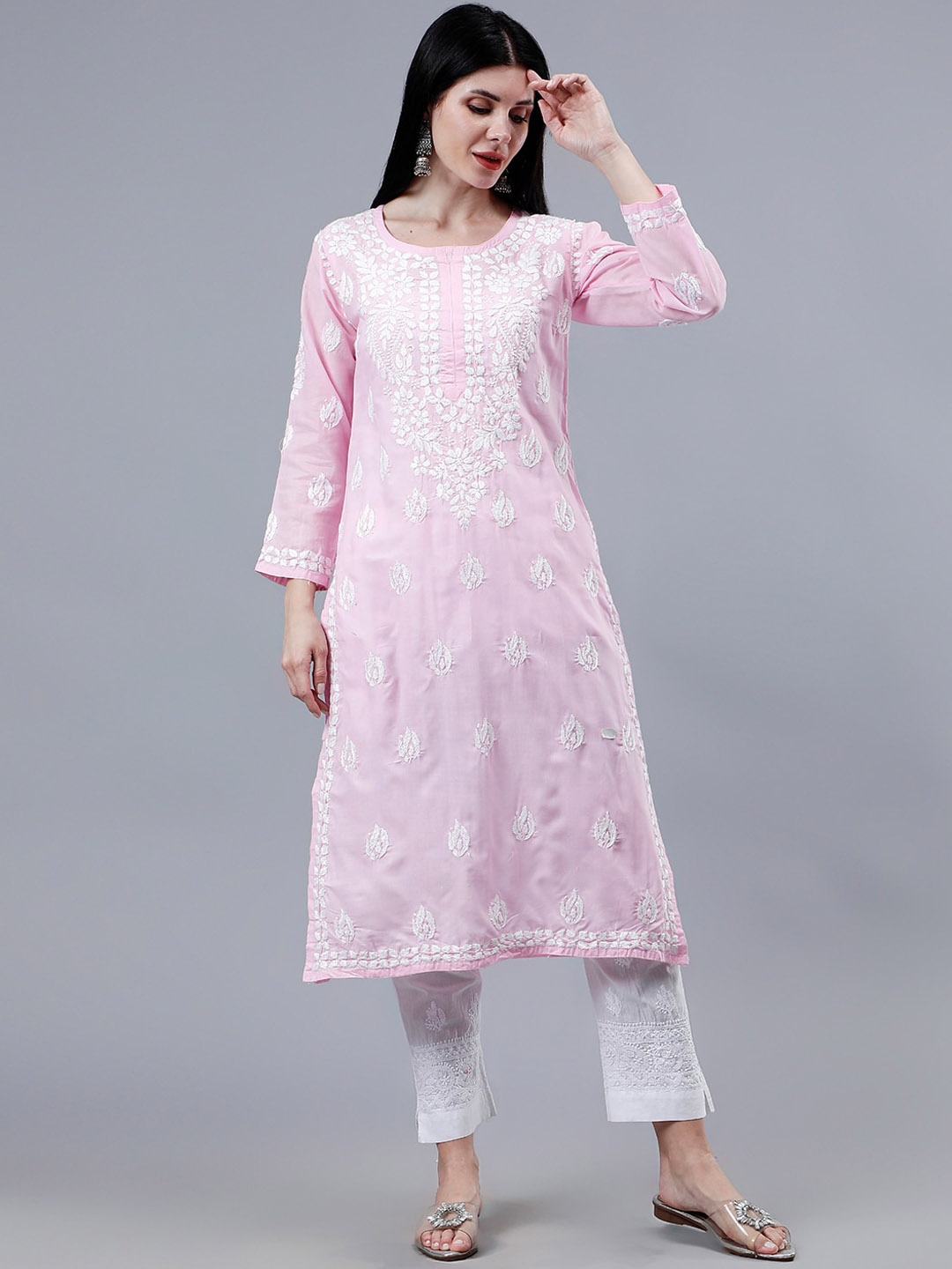 

Seva Chikan Ethnic Motifs Embroidered Chikankari Cotton Straight Kurta, Pink