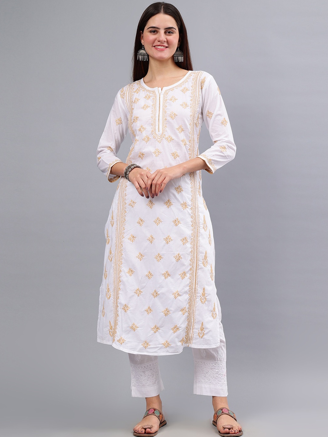 

Seva Chikan Ethnic Motifs Embroidered Cotton Lucknowi Chikankari Straight Kurta, White