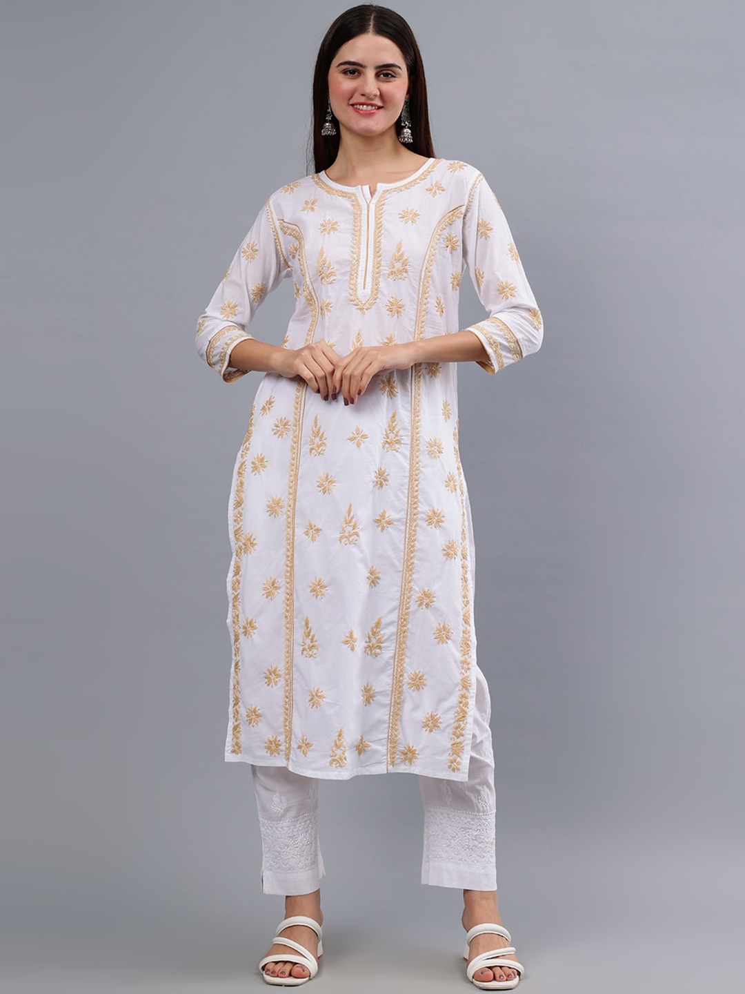 

Seva Chikan Round Neck Floral Embroidered Chikankari Cotton Straight Kurta, White