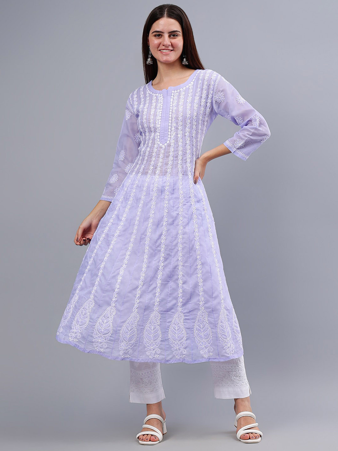 

Seva Chikan Floral Embroidered Chikankari Cotton Anarkali Kurta, Mauve