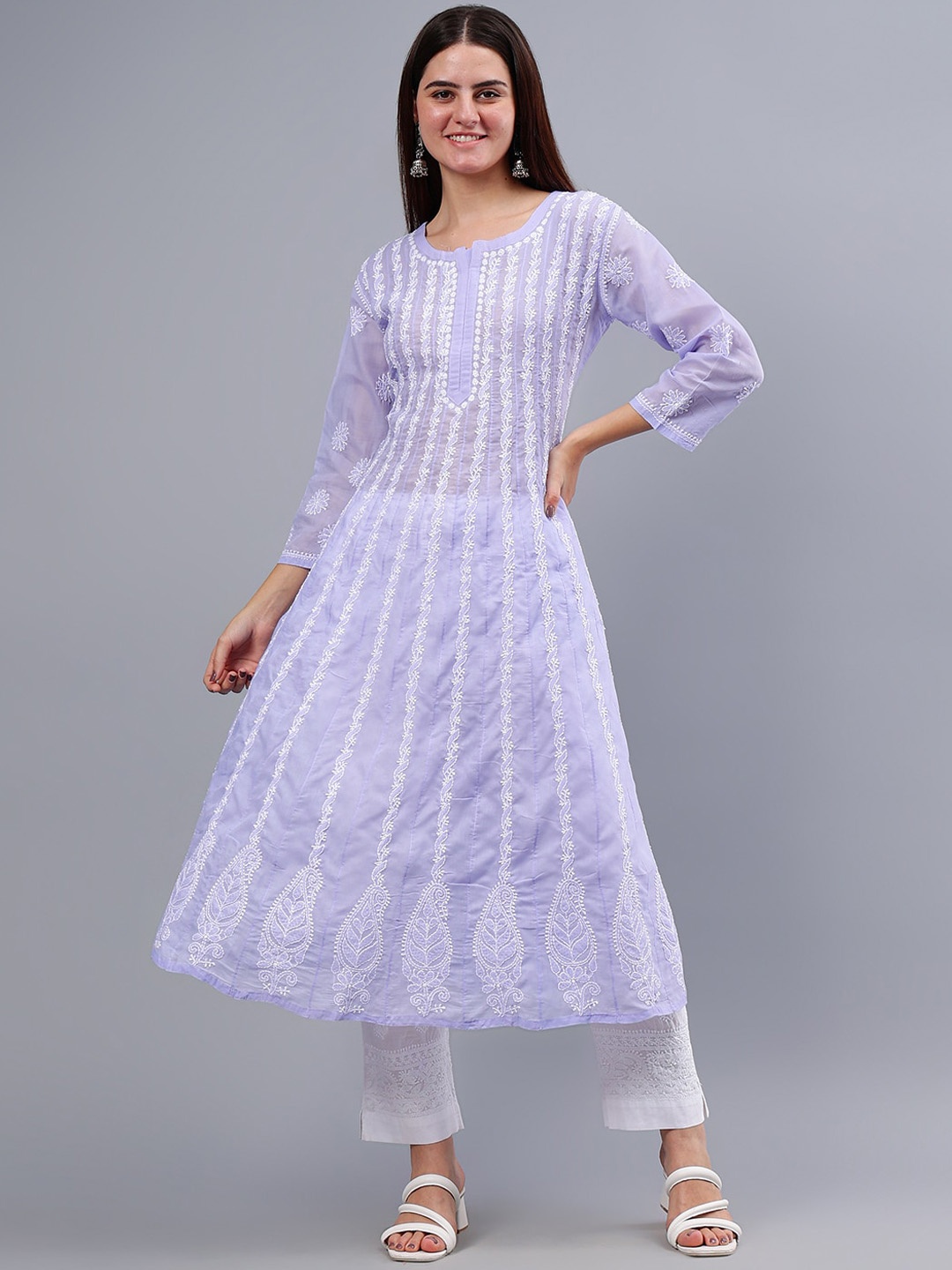 

Seva Chikan Embroidered Cotton Lucknowi Chikankari Anarkali Kurta, Lavender