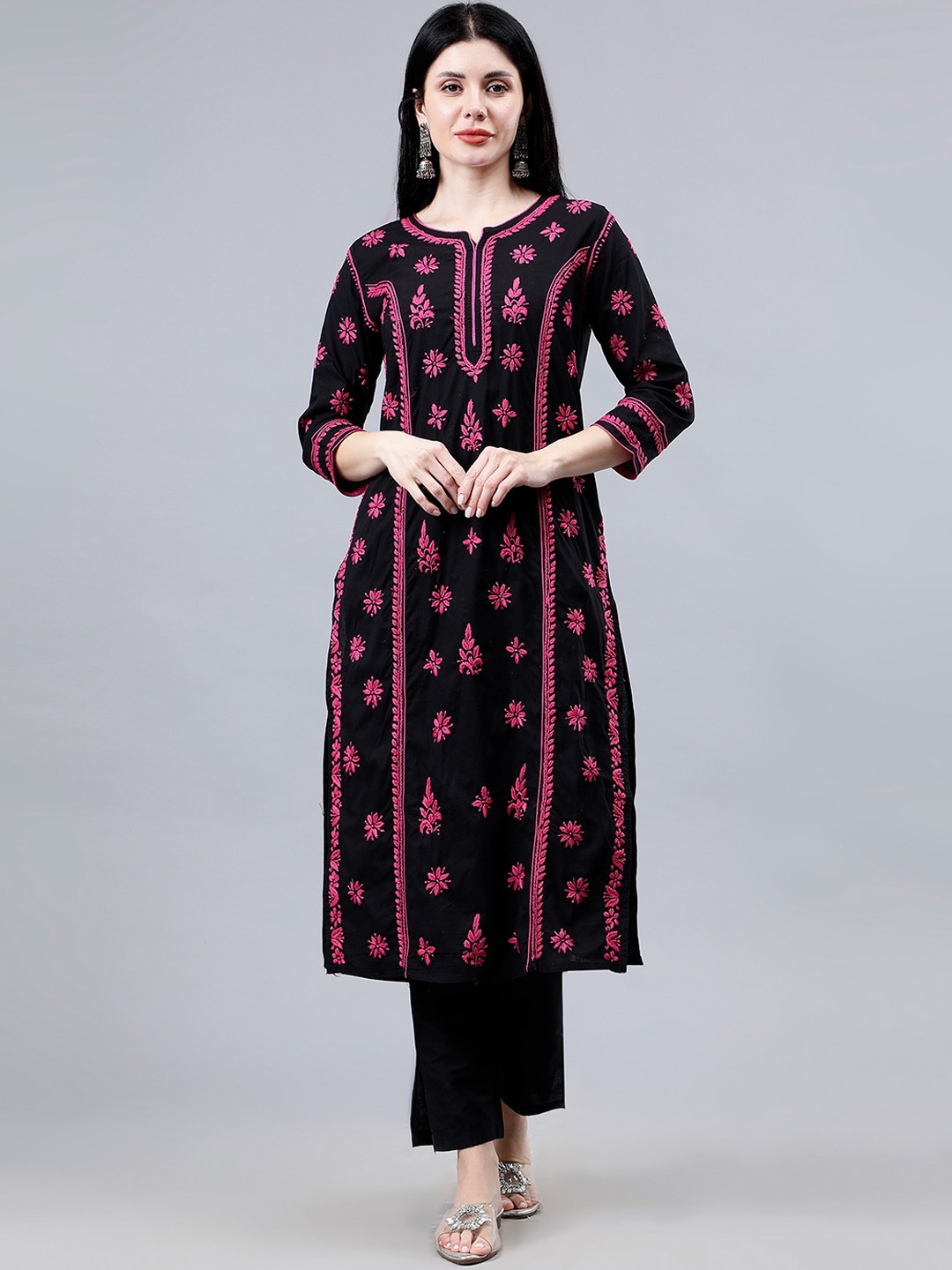 

Seva Chikan Ethnic Motifs Embroidered Cotton Lucknowi Chikankari Straight Kurta, Black