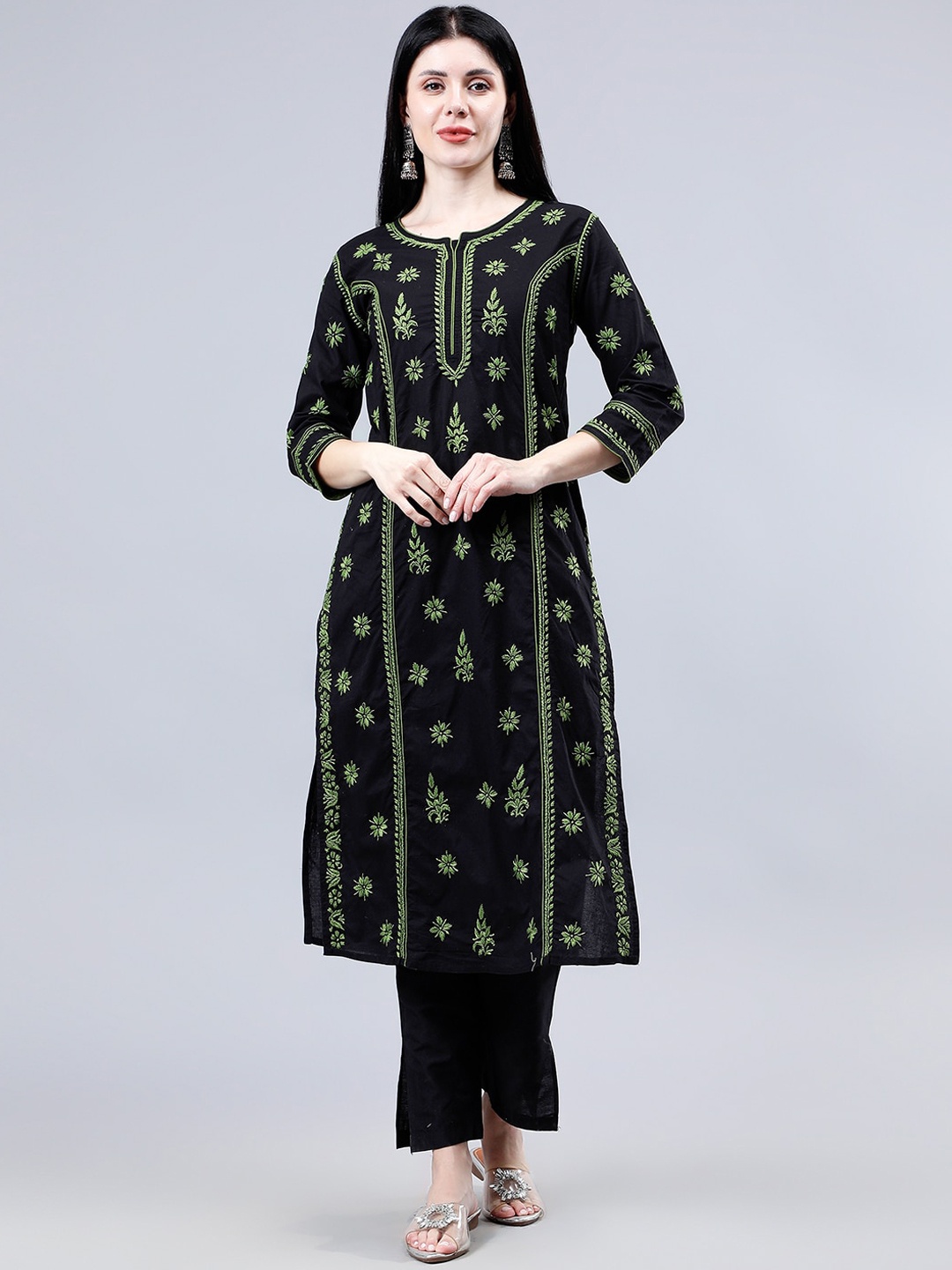 

Seva Chikan Ethnic Motifs Embroidered Cotton Lucknowi Chikankari Straight Kurta, Black