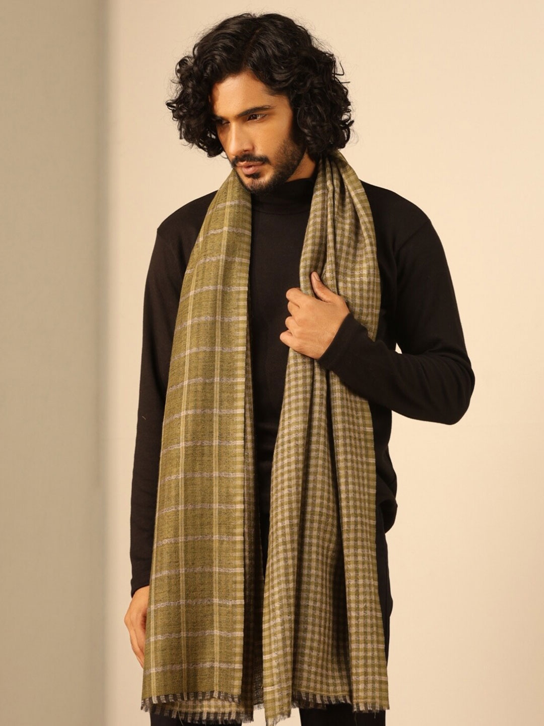 

DUSALA INDIA Woven Design Cashmere Stole, Olive