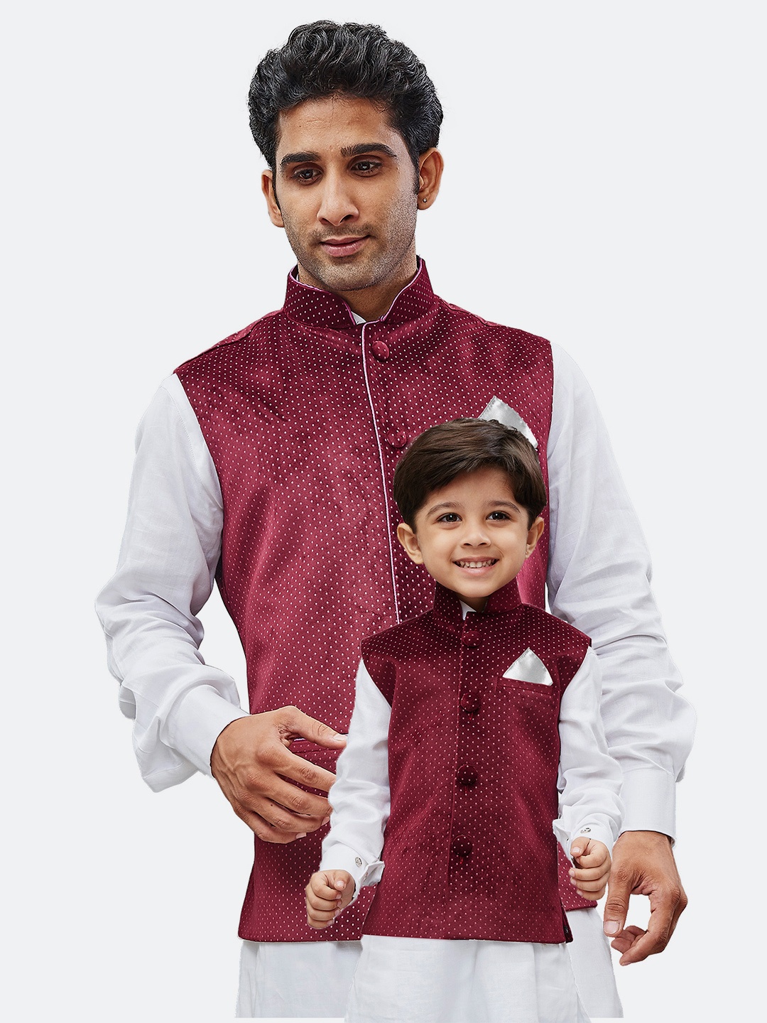 

VASTRAMAY Boys Printed Velvet Nehru Jacket, Maroon
