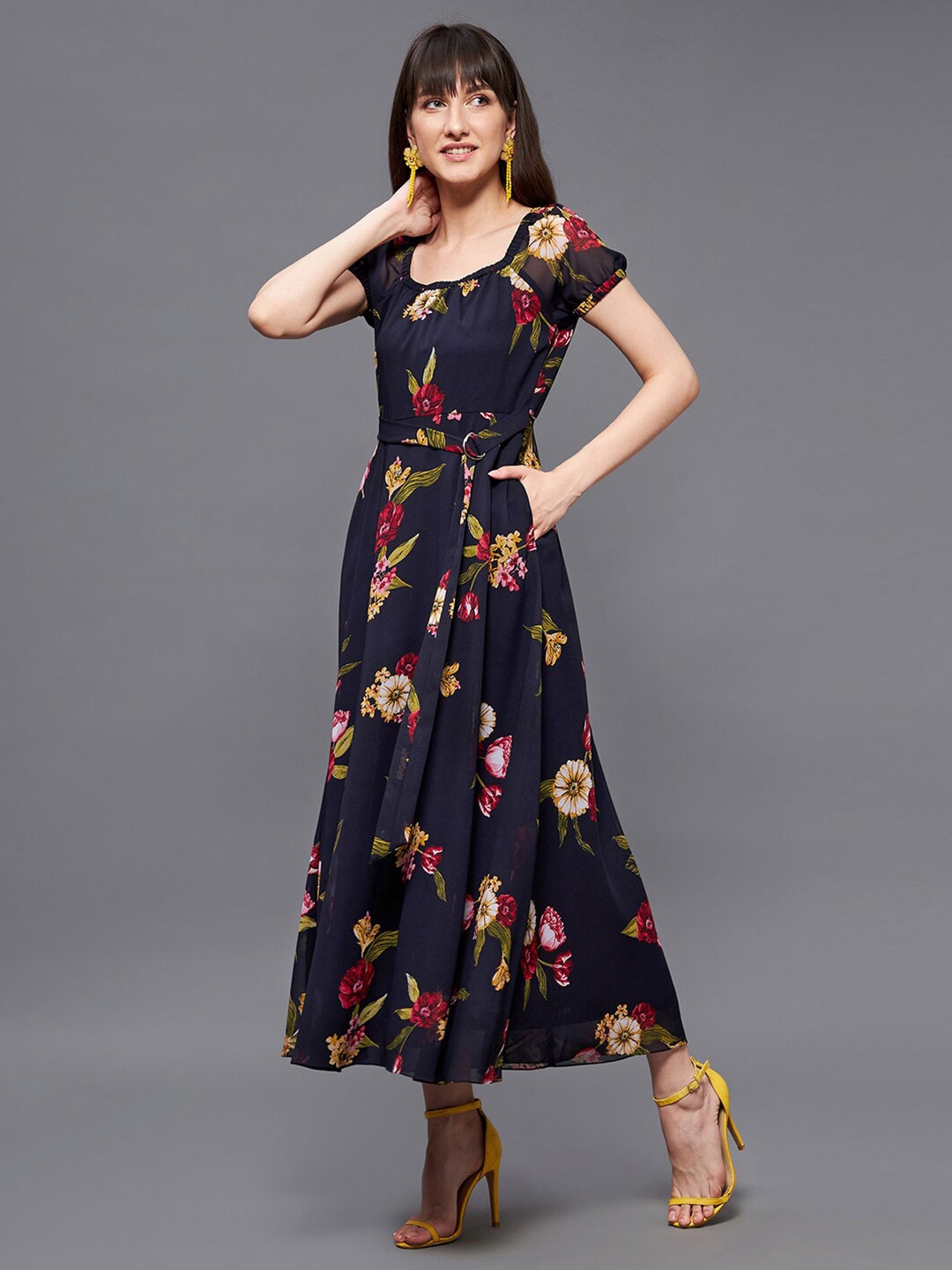

all about you Navy Blue Floral Printed Georgette Flared Midi Dress
