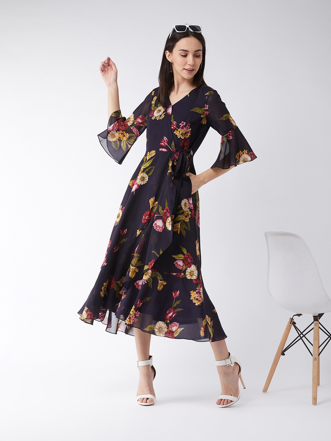 

all about you Blue & Red Floral Printed Bell Sleeve Georgette Fit & Flare Maxi Dress