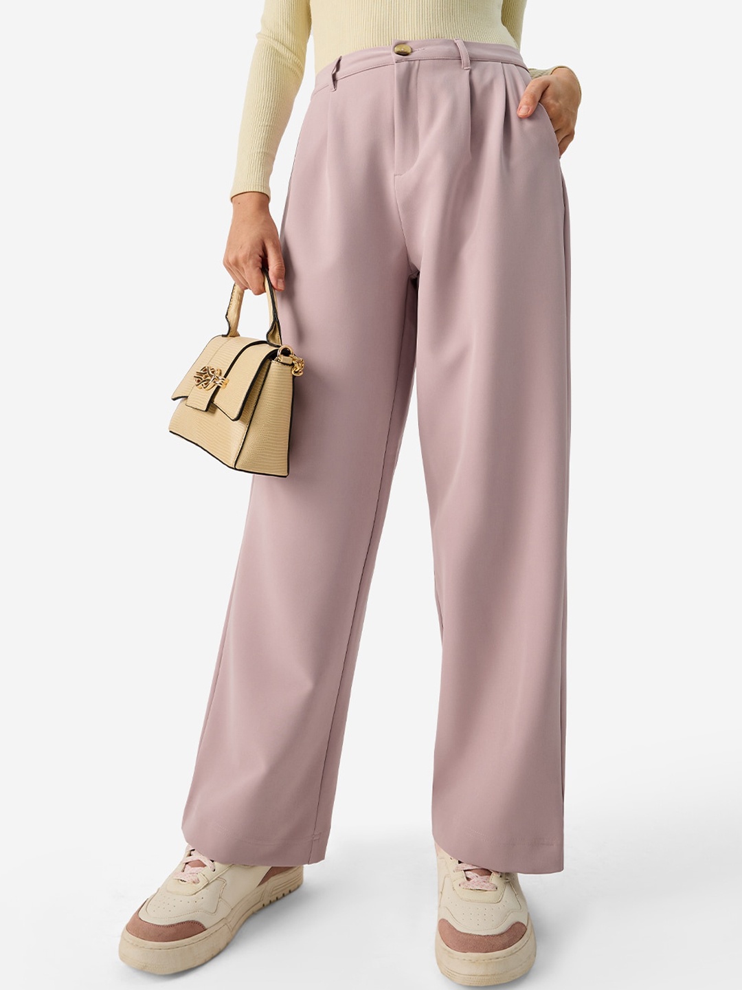 

The Souled Store Women Mid-Rise Pleated Flared Trousers, Rose gold