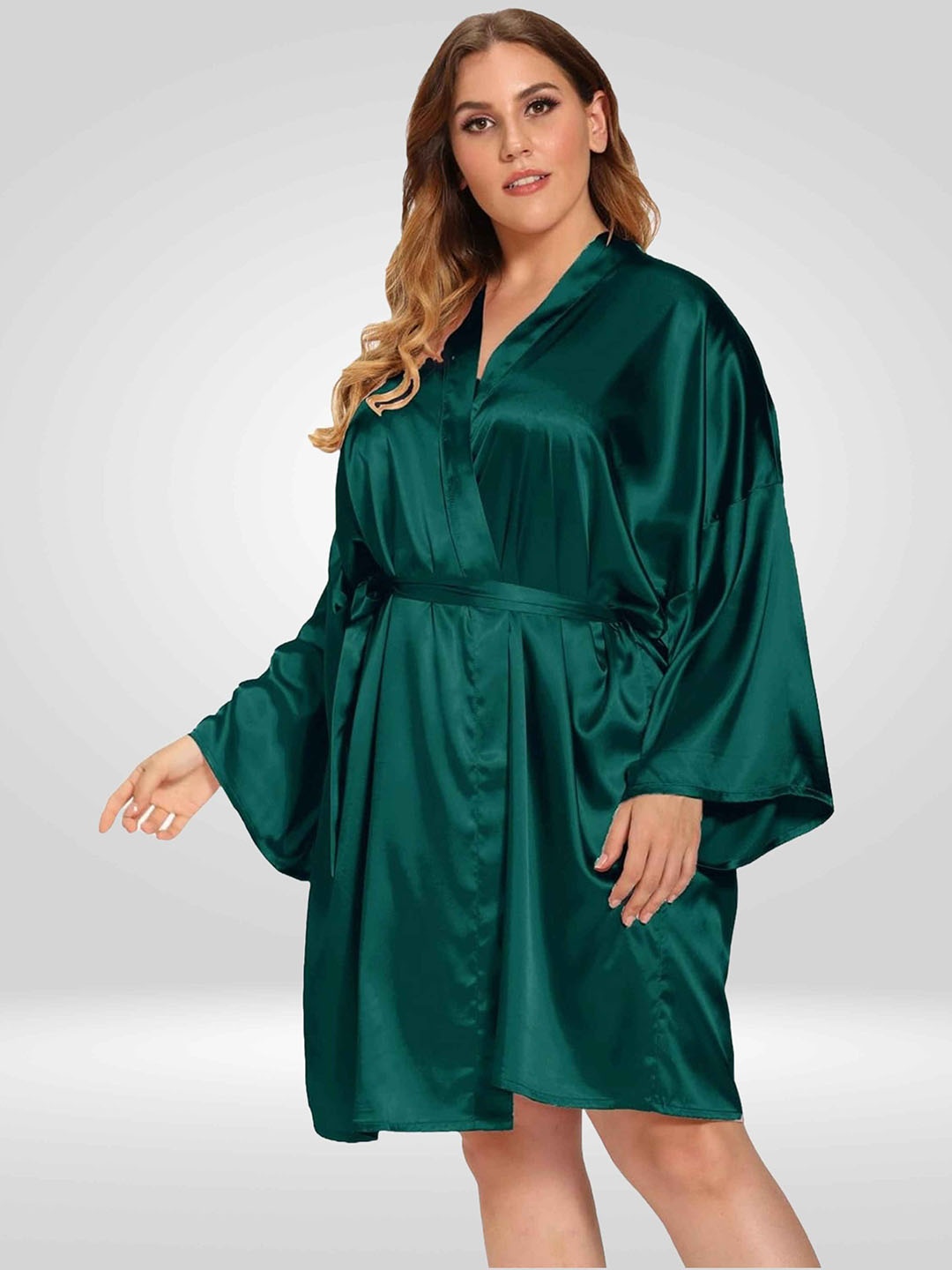 

Bella Babe by SK Plus Size Satin Long Sleeved Robe With Belt, Green