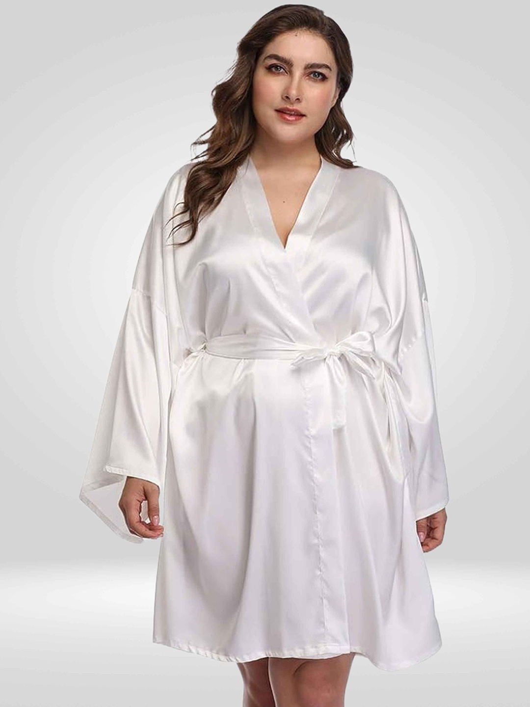 

Bella Babe by SK Plus Size Kimono Sleeves Satin Robe, White