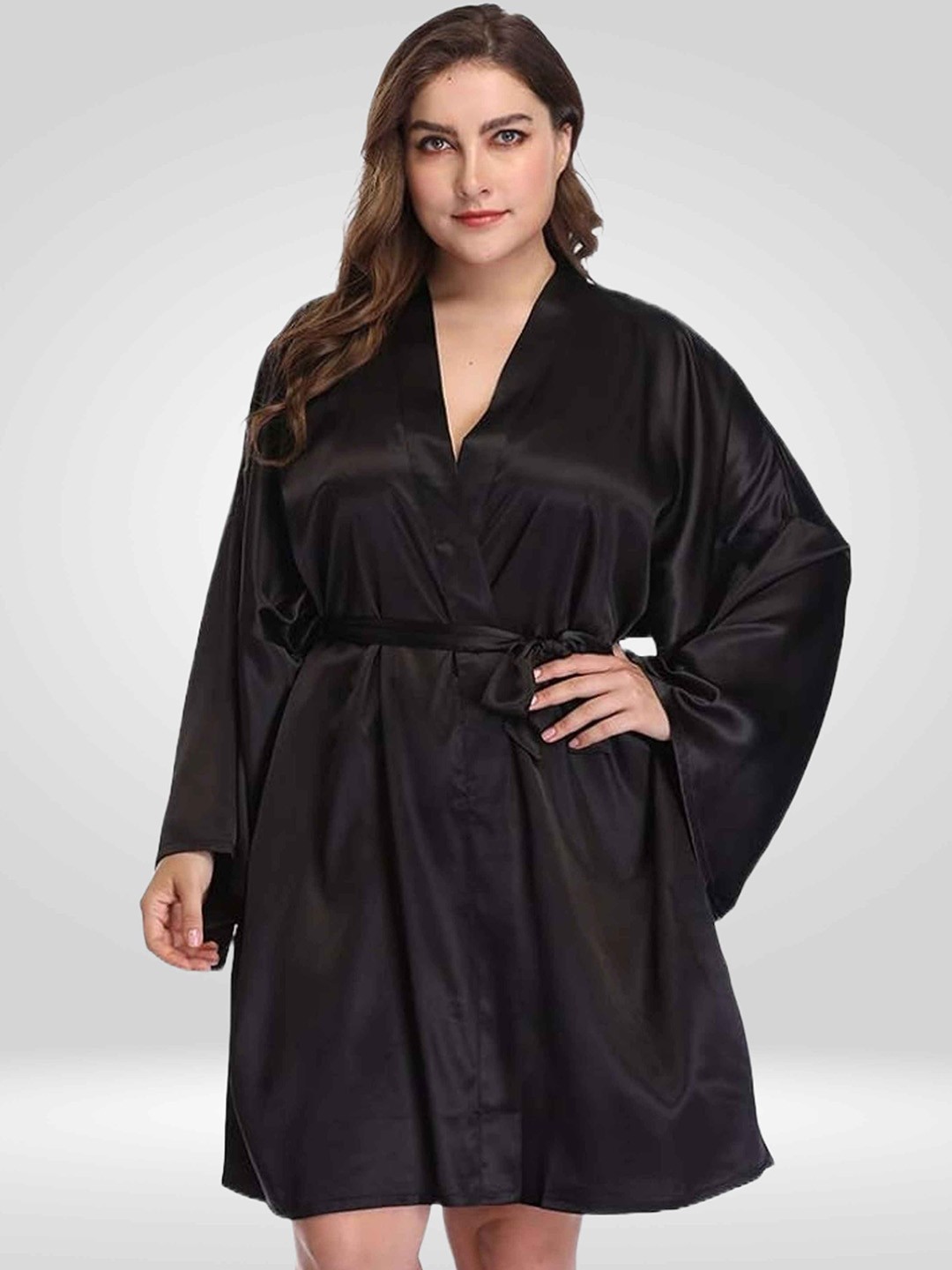 

Bella Babe by SK Plus Size Kimono Sleeves Satin Robe, Black