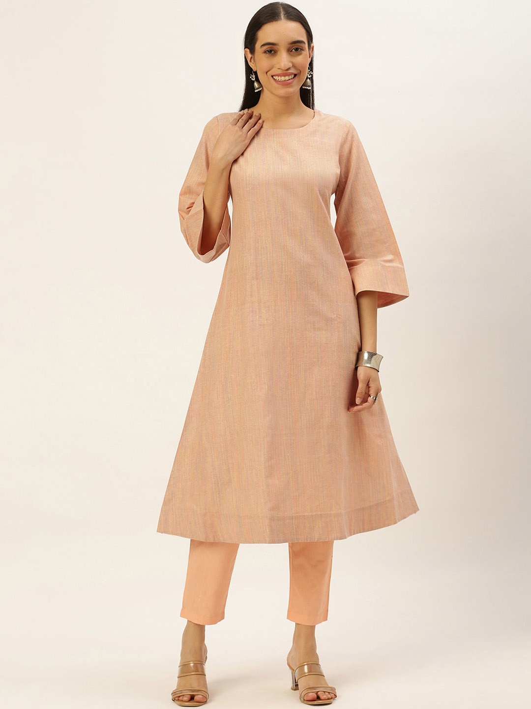 

HRITIKA Striped Flared Sleeves Cotton A-Line Kurta, Peach
