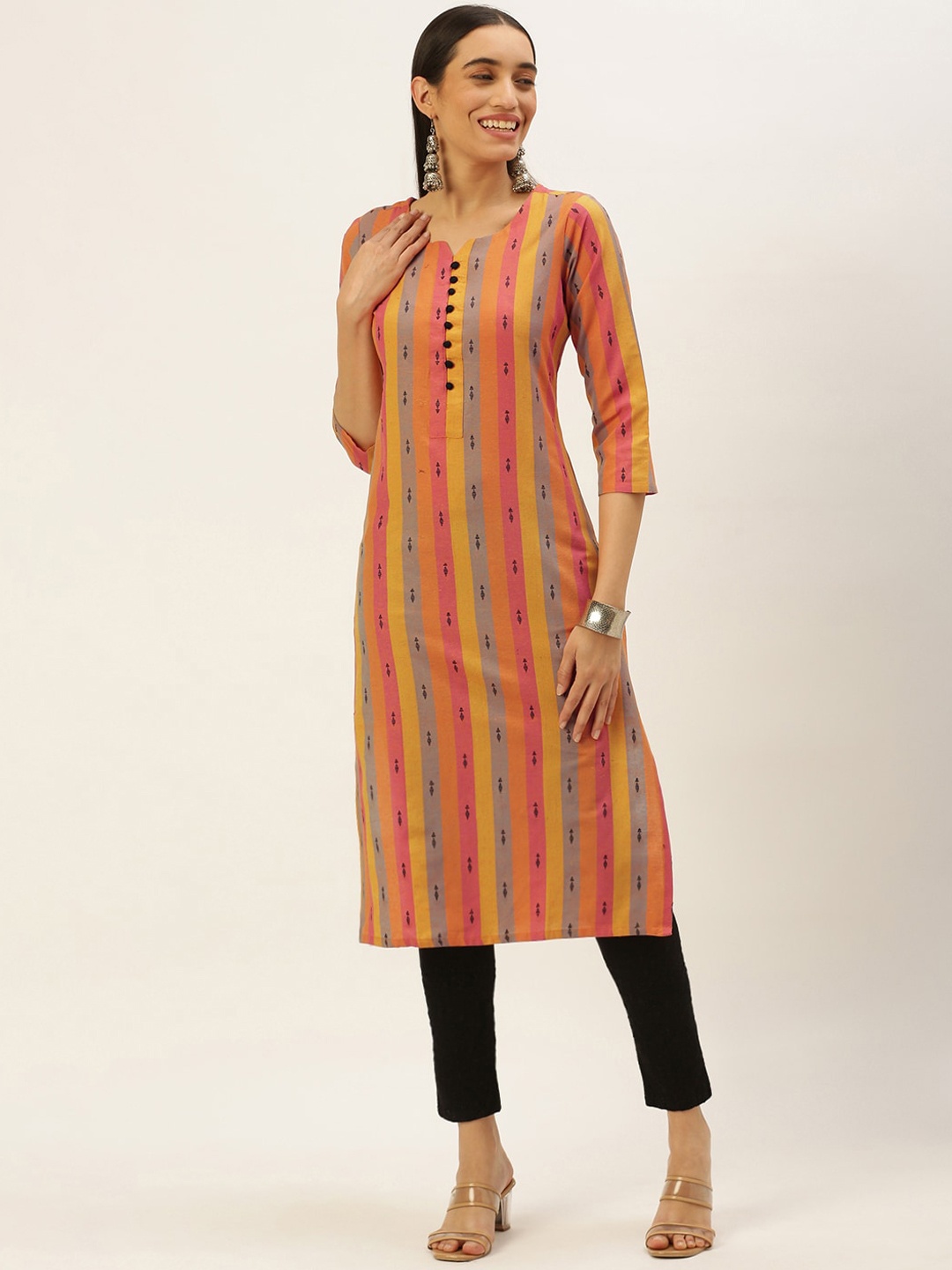 

HRITIKA Striped Cotton Straight Kurta, Orange