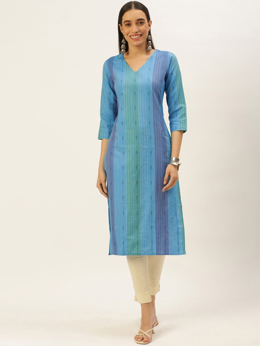 

HRITIKA Striped V-nek Calf Length Straight Kurta, Blue
