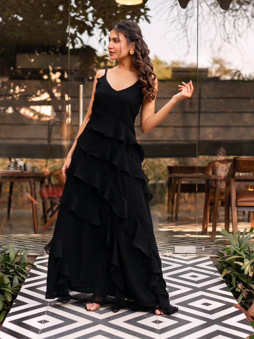 

Calmna Georgette Maxi Ruffle Dress, Black