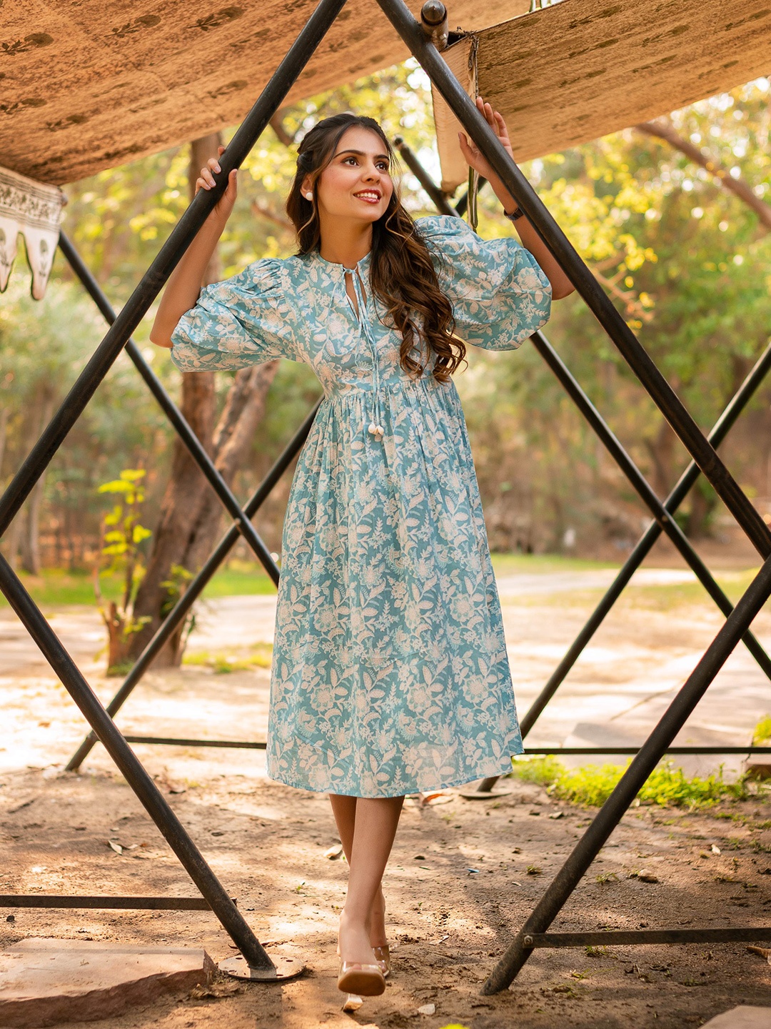 

Calmna Floral Printed Cotton A-Line Dress, Blue