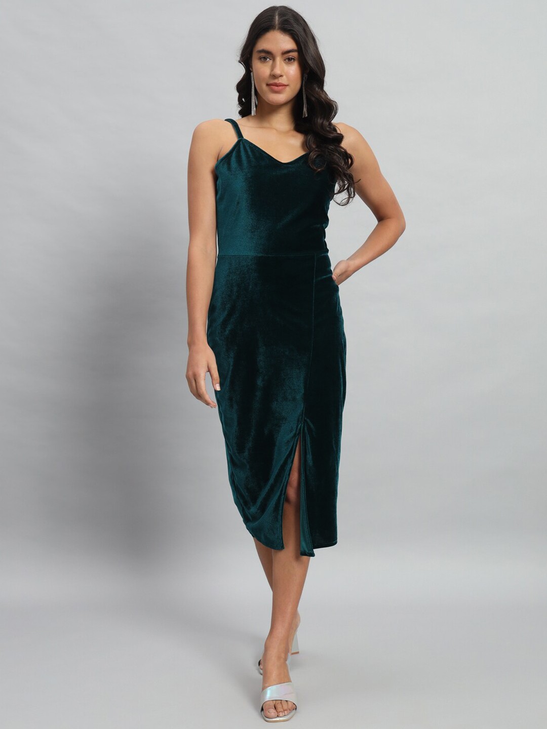 

VAARARO Shoulder Straps Velvet Midi Sheath Dress, Green