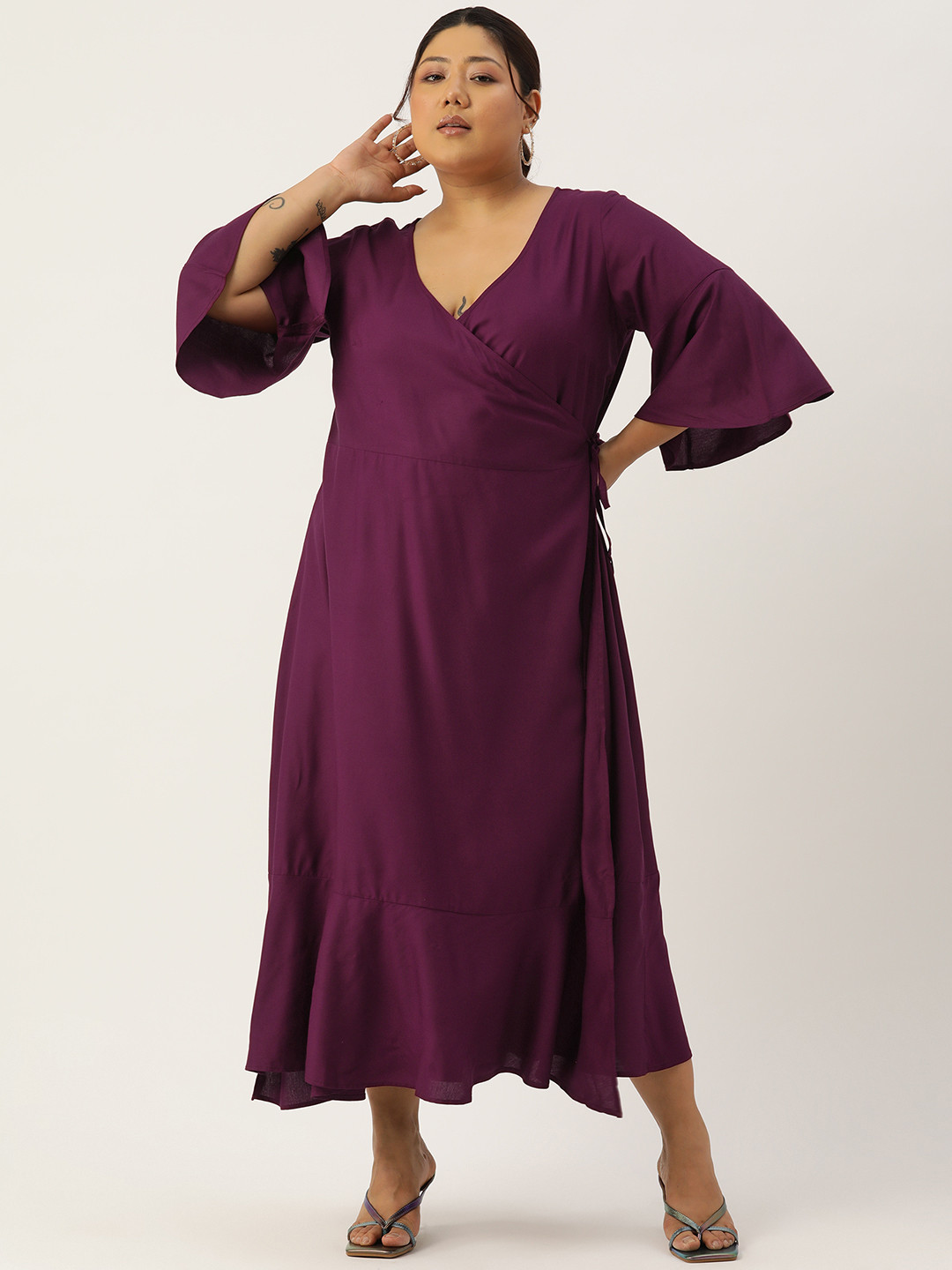 

theRebelinme Plus Size Bell Sleeves Wrap Maxi Dress, Purple