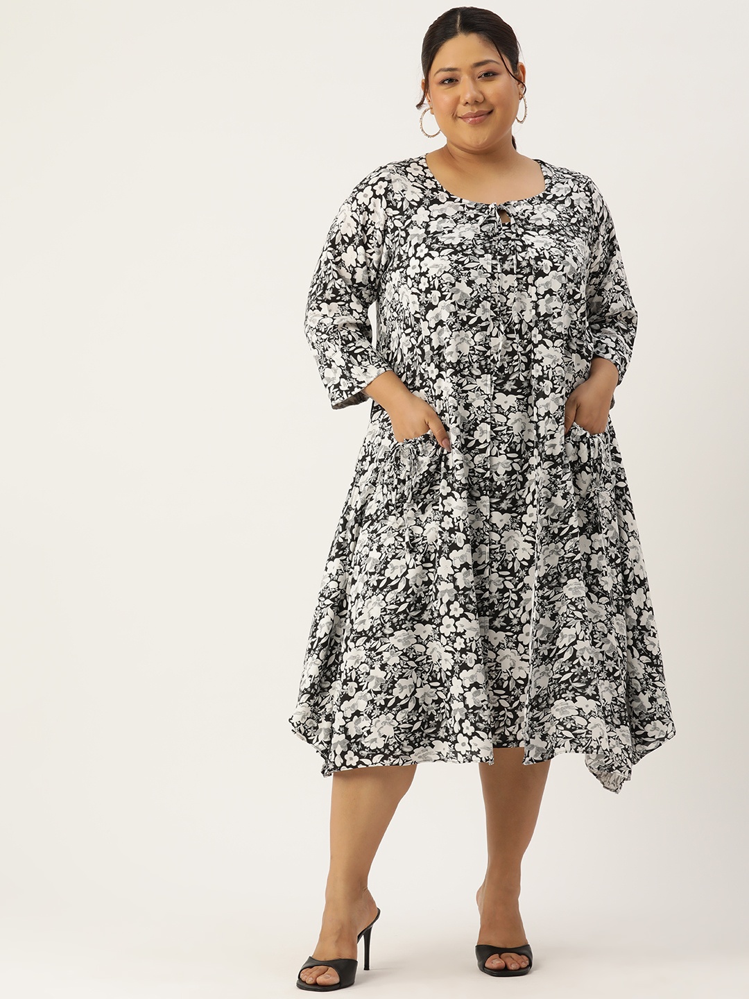 

theRebelinme Plus Size Floral Print Tie-Up Neck Layered A-Line Midi Dress, Black