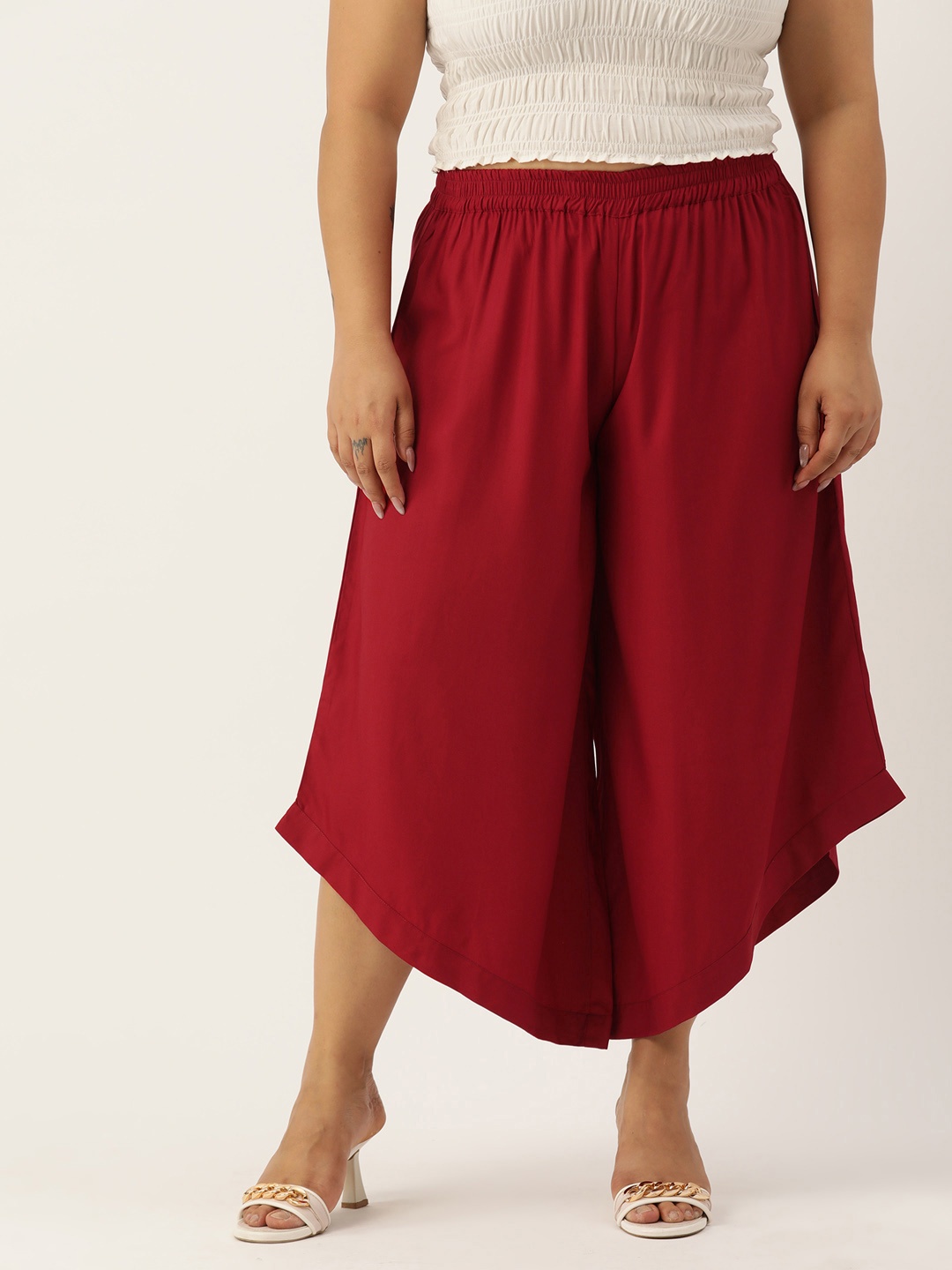 

theRebelinme Plus Size Relaxed Flared High-Rise Easy Wash Culottes Trousers, Maroon