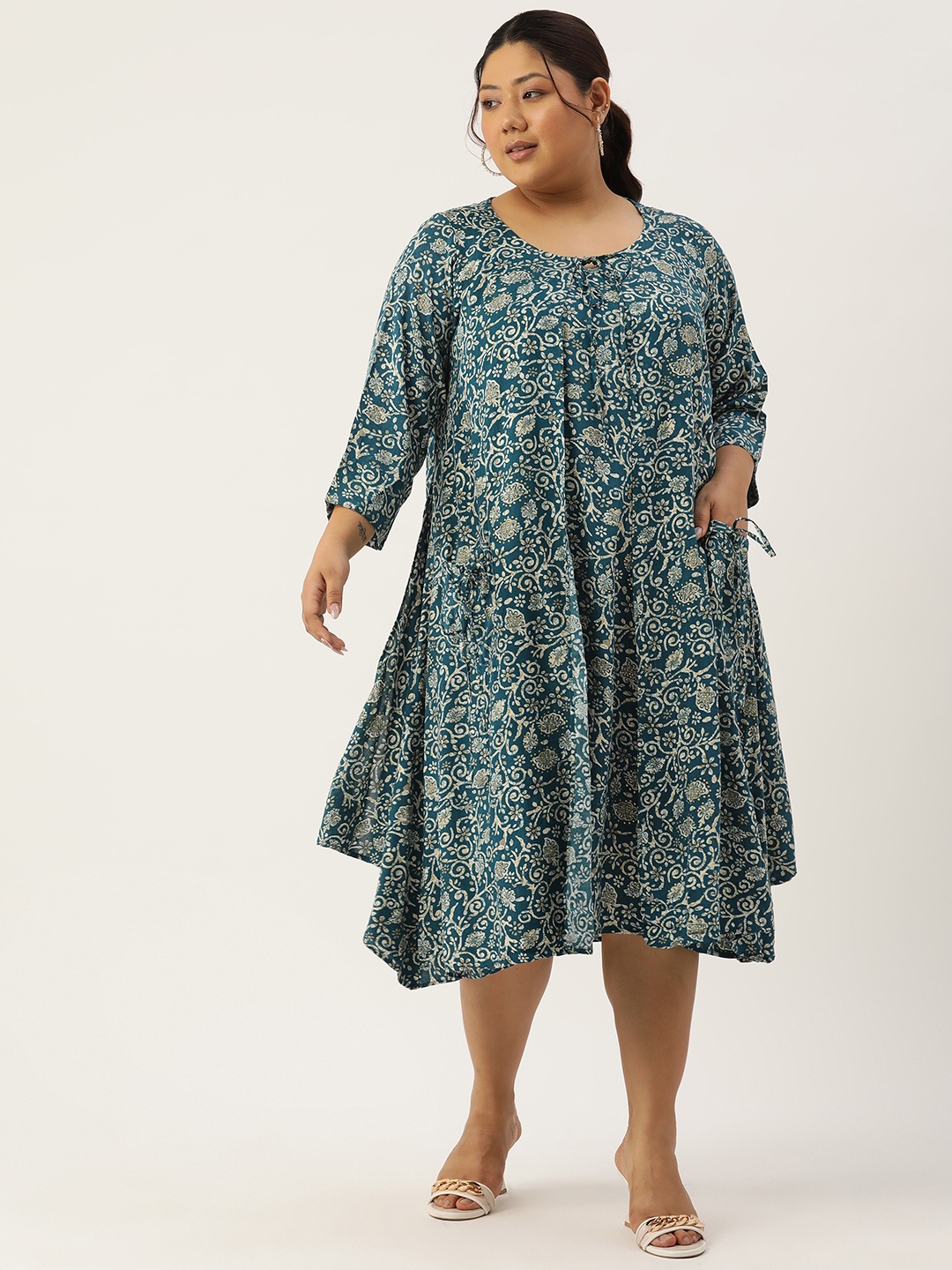 

theRebelinme Plus Size Floral Print Tie-Up Neck Layered A-Line Midi Dress, Teal
