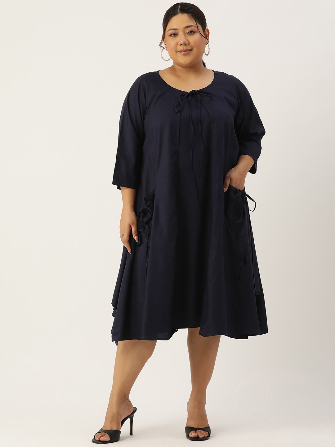 

theRebelinme Plus Size Tie-Up Neck Layered A-Line Midi Dress, Navy blue