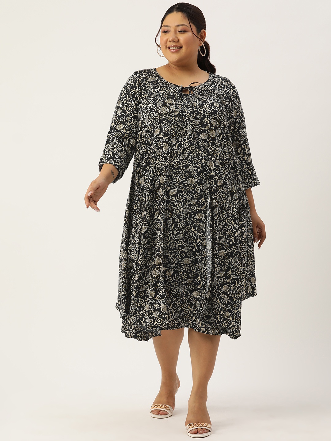 

theRebelinme Plus Size Floral Print Tie-Up Neck Layered A-Line Midi Dress, Black