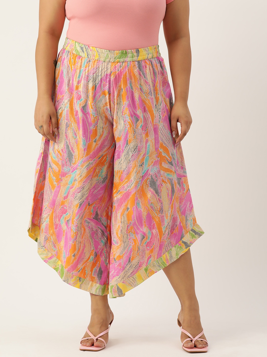 

theRebelinme Plus Size Floral Printed Relaxed Flared High-Rise Easy Wash Culottes Trousers, Pink