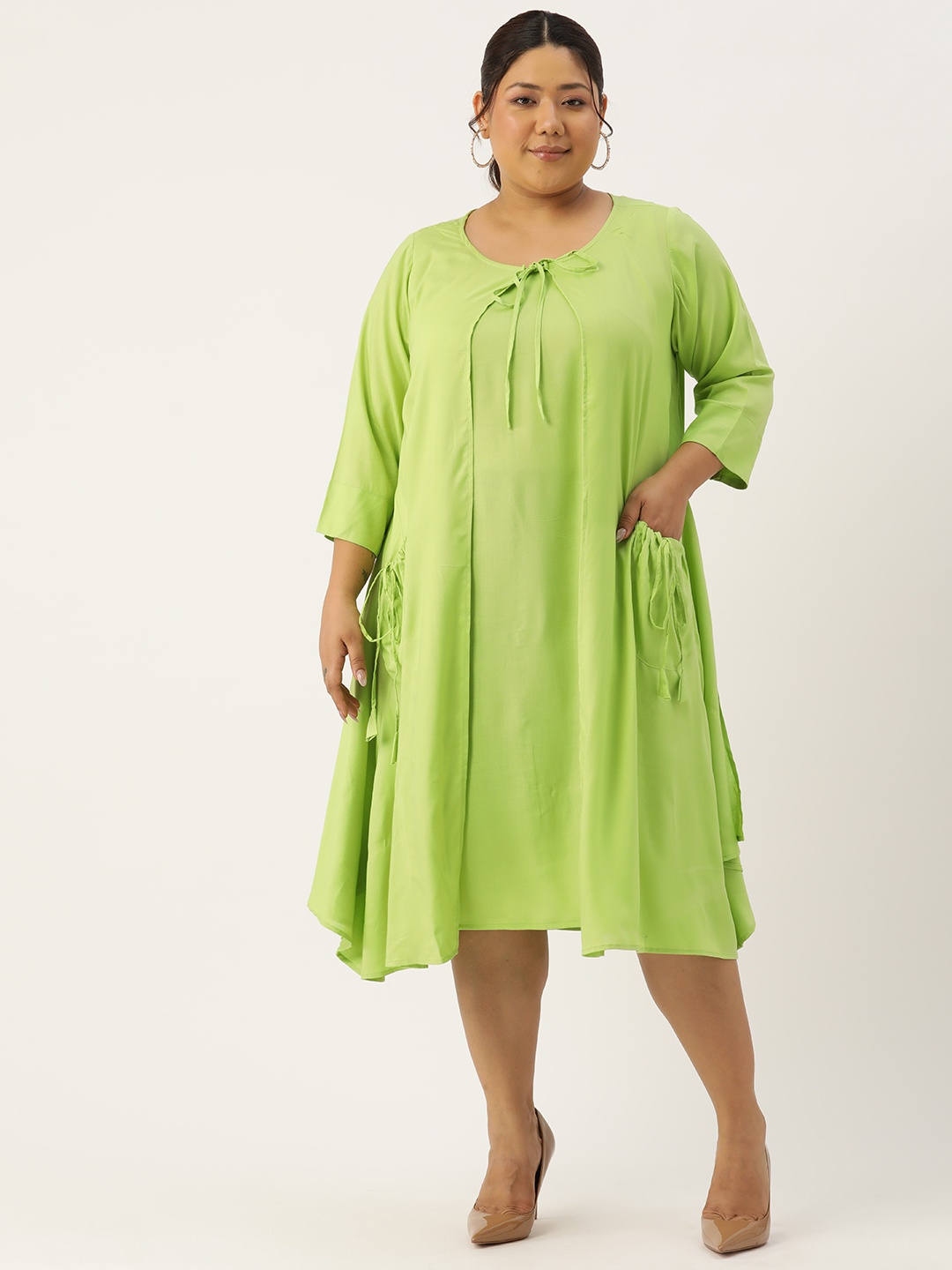 

theRebelinme Plus Size Tie-Up Neck Layered A-Line Midi Dress, Green
