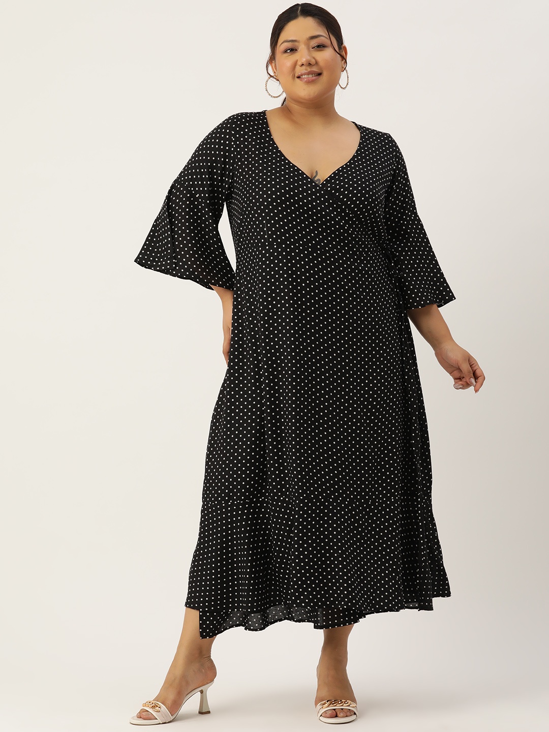 

theRebelinme Plus Size Polka Dot Print Bell Sleeves Layered Maxi Dress, Black