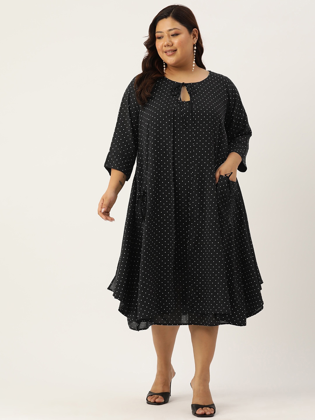 

theRebelinme Plus Size Polka Dot Print Tie-Up Neck Layered A-Line Midi Dress, Black