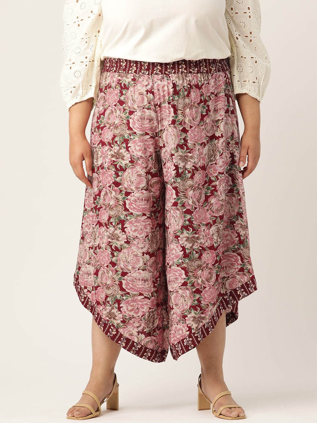 

theRebelinme Plus Size Floral Printed Relaxed Flared High-Rise Easy Wash Culottes, Maroon