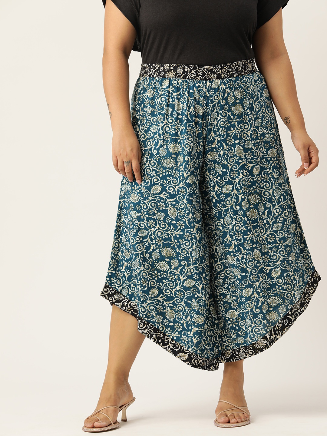 

theRebelinme Plus Size Floral Printed Relaxed Flared High-Rise Easy Wash Culottes, Teal