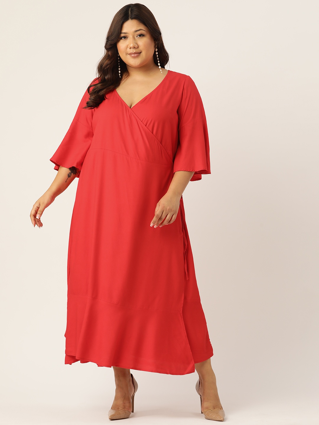 

theRebelinme Plus Size Bell Sleeves Midi Dress, Red