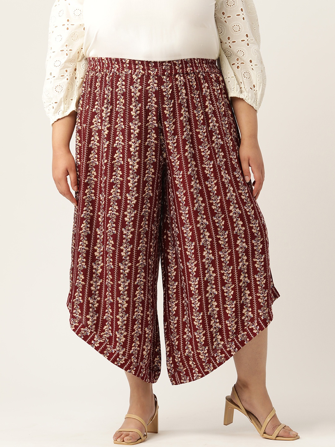 

theRebelinme Plus Size Floral Printed Relaxed Flared High-Rise Easy Wash Culottes, Maroon