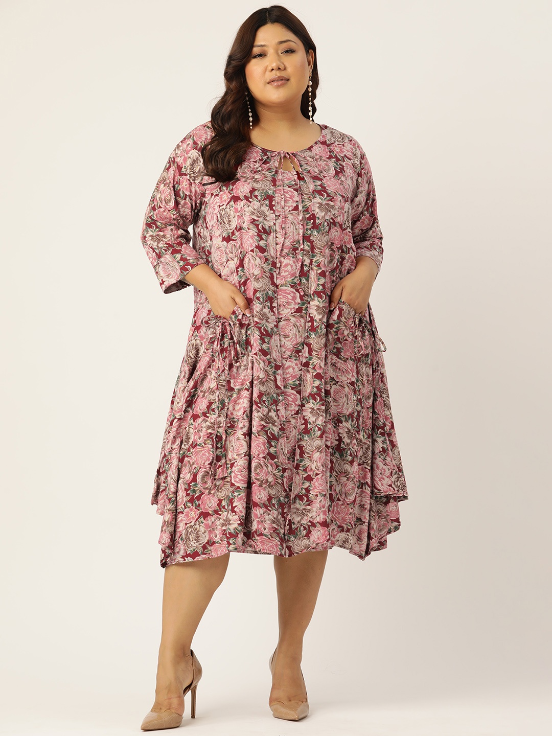 

theRebelinme Plus Size Floral Print Tie-Up Neck A-Line Dress, Maroon