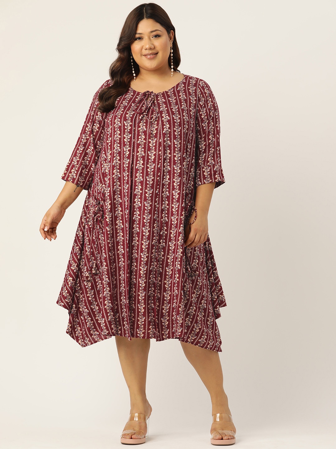 

theRebelinme Plus Size Floral Print Tie-Up Neck A-Line Dress, Maroon