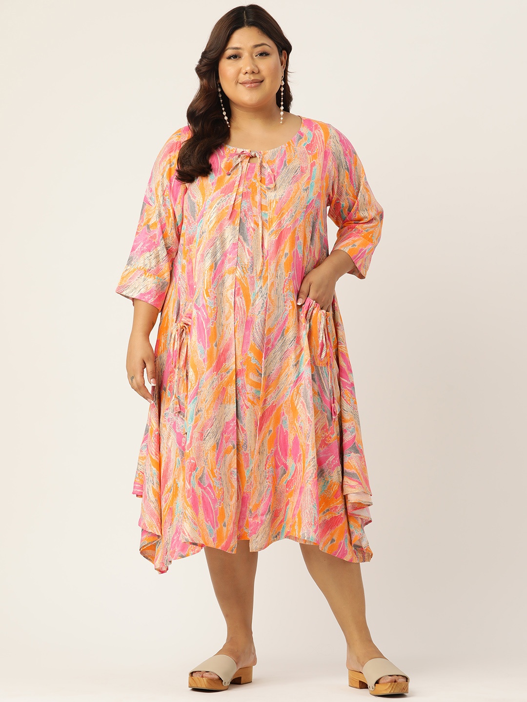 

theRebelinme Plus Size Print Tie-Up Neck A-Line Dress, Pink