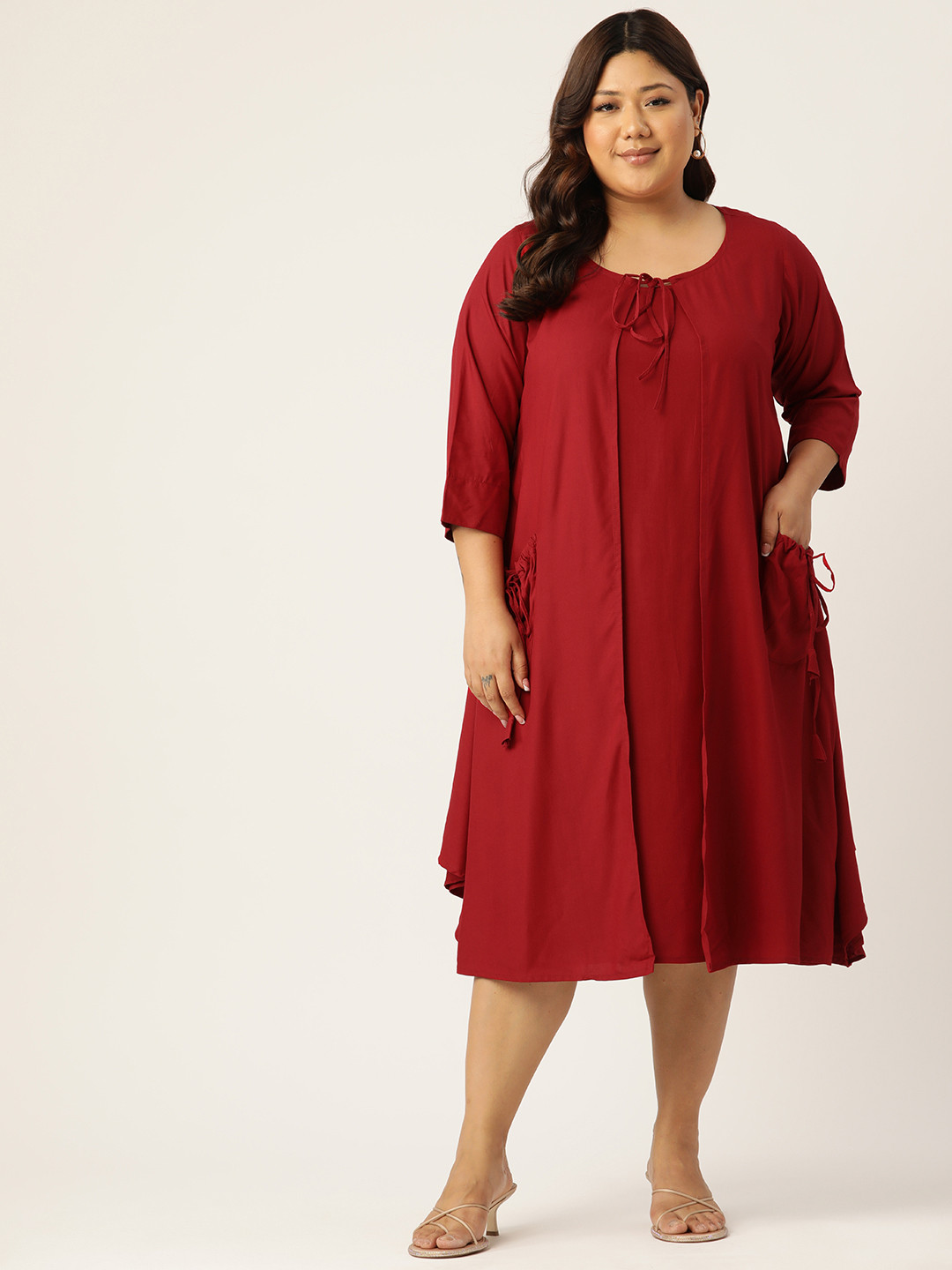 

theRebelinme Plus Size Tie-Up Neck A-Line Dress, Maroon