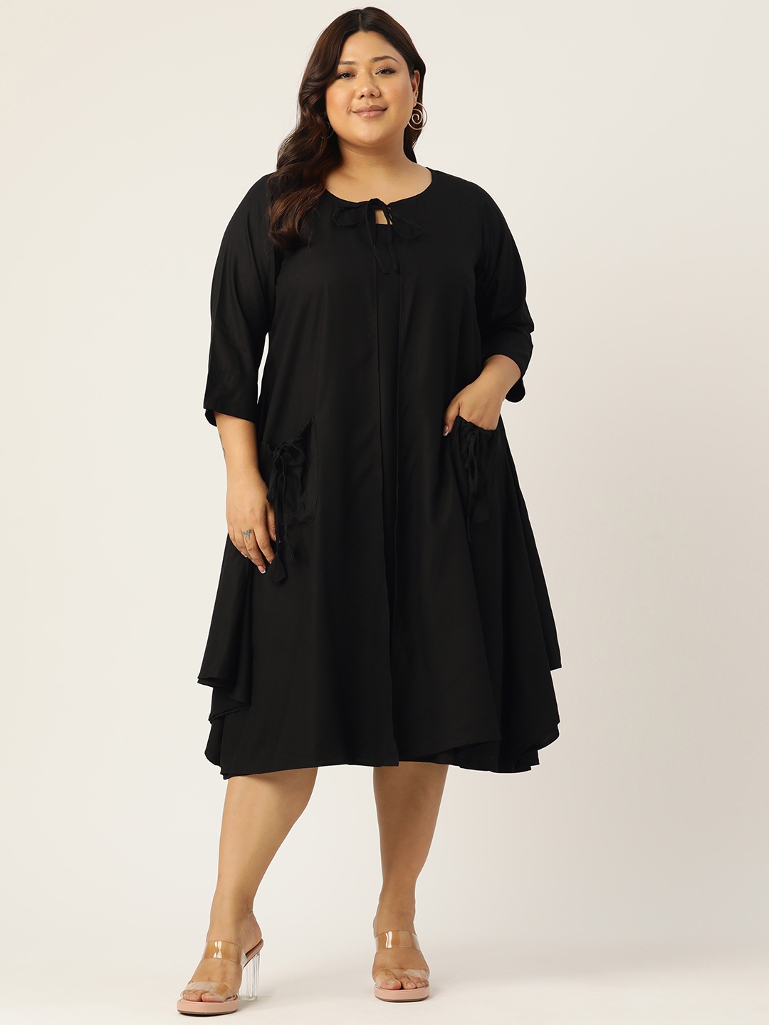 

theRebelinme Plus Size Tie-Up Neck A-Line Midi Dress, Black