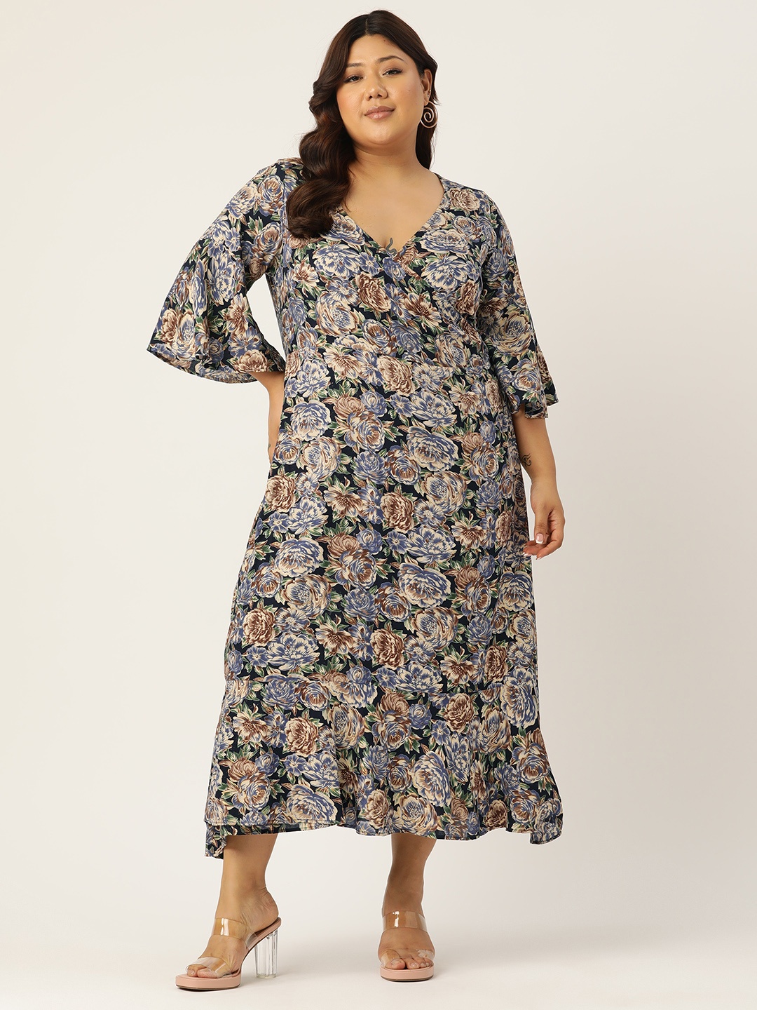 

theRebelinme Plus Size Floral Print Bell Sleeves Midi Dress, Navy blue