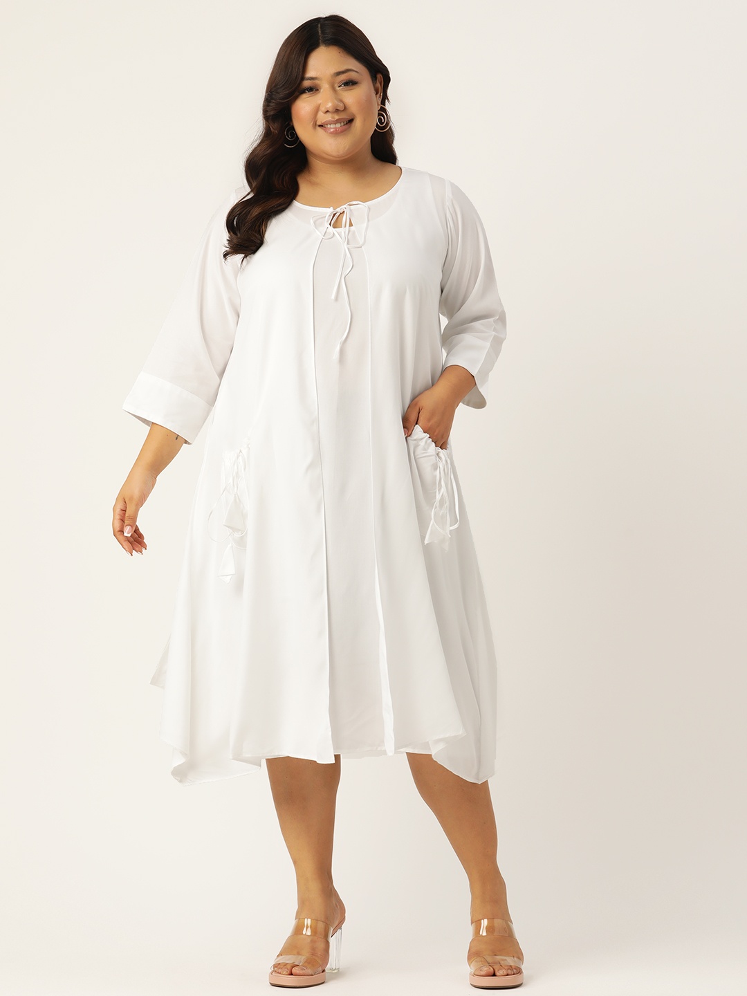 

theRebelinme Plus Size Tie-Up Neck A-Line Dress, White