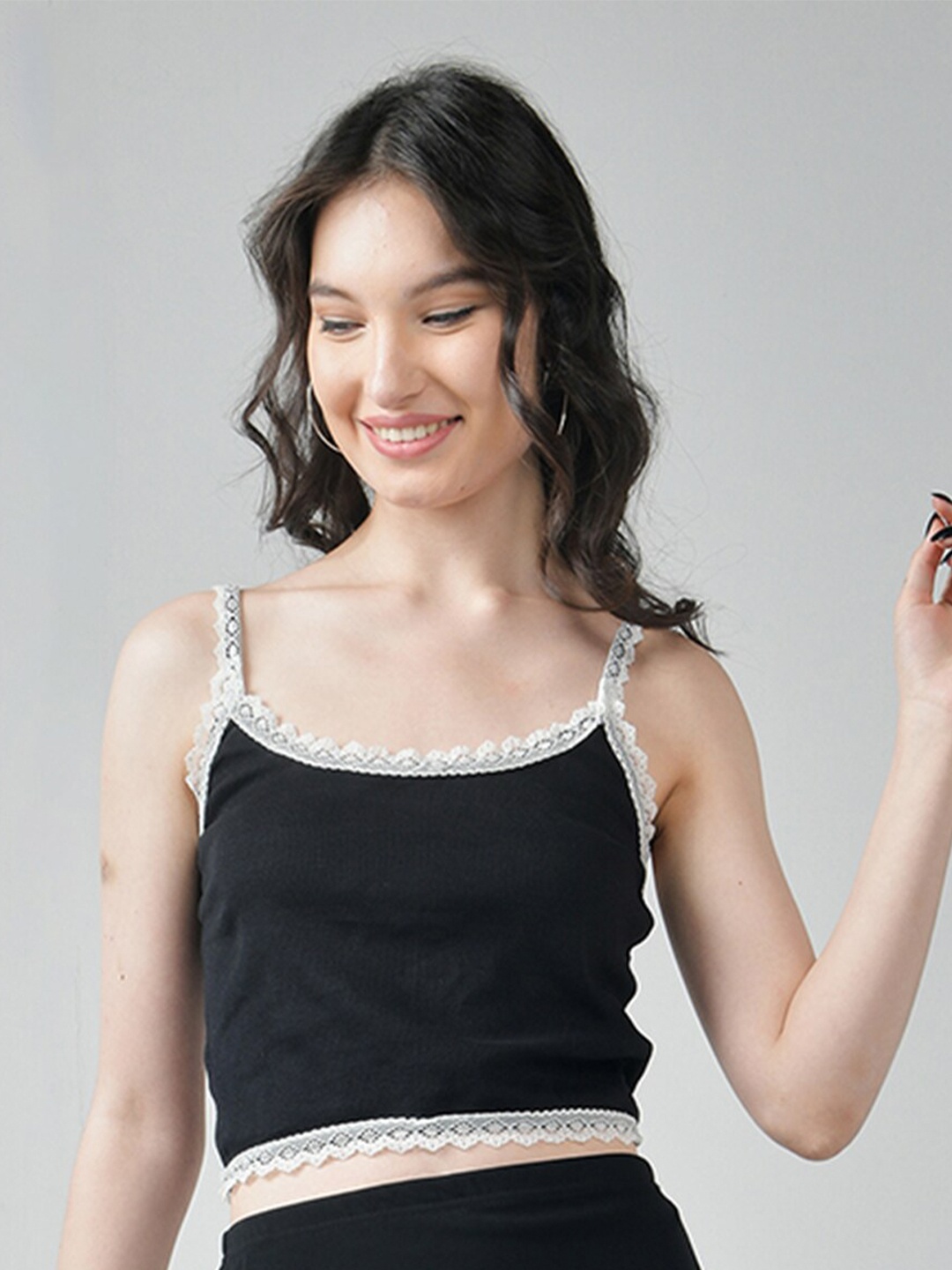 

IZF Shoulder Straps Lace Inserts Cami Top, Black