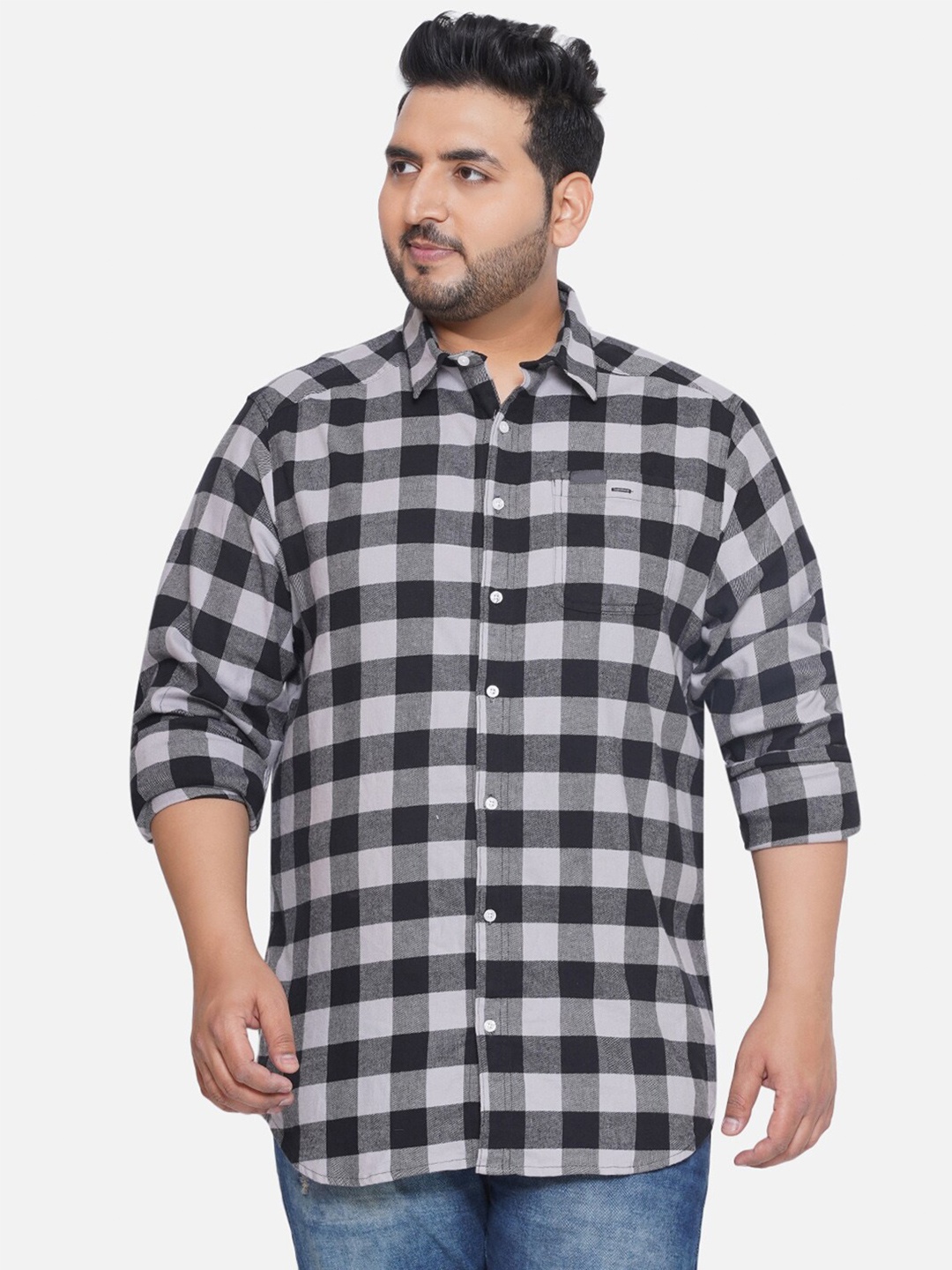 

Santonio Plus Size Classic Buffalo Checked Spread Collar Long Sleeves Cotton Casual Shirt, Black