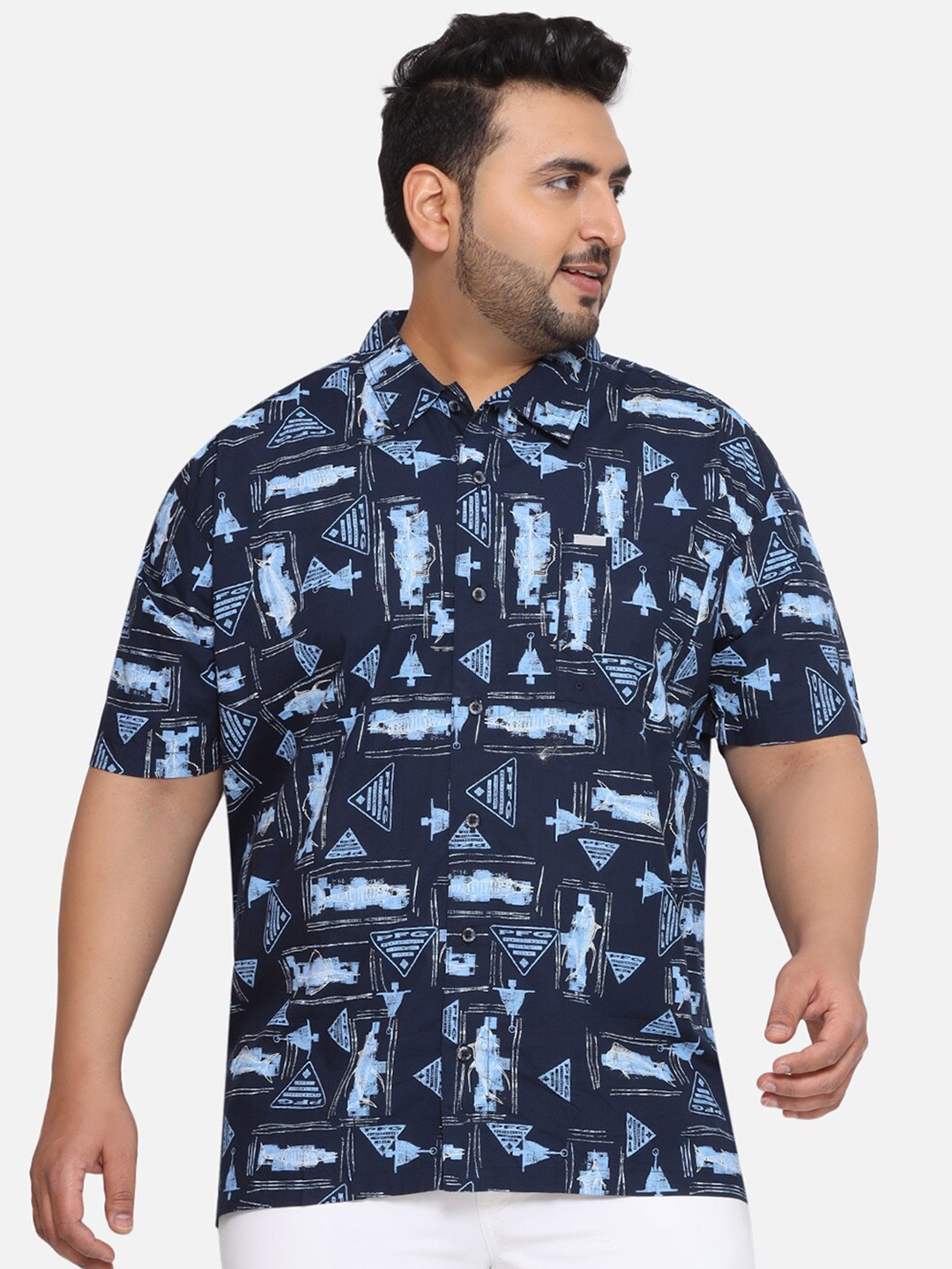 

Santonio Plus Size Classic Opaque Printed Cotton Casual Shirt, Blue