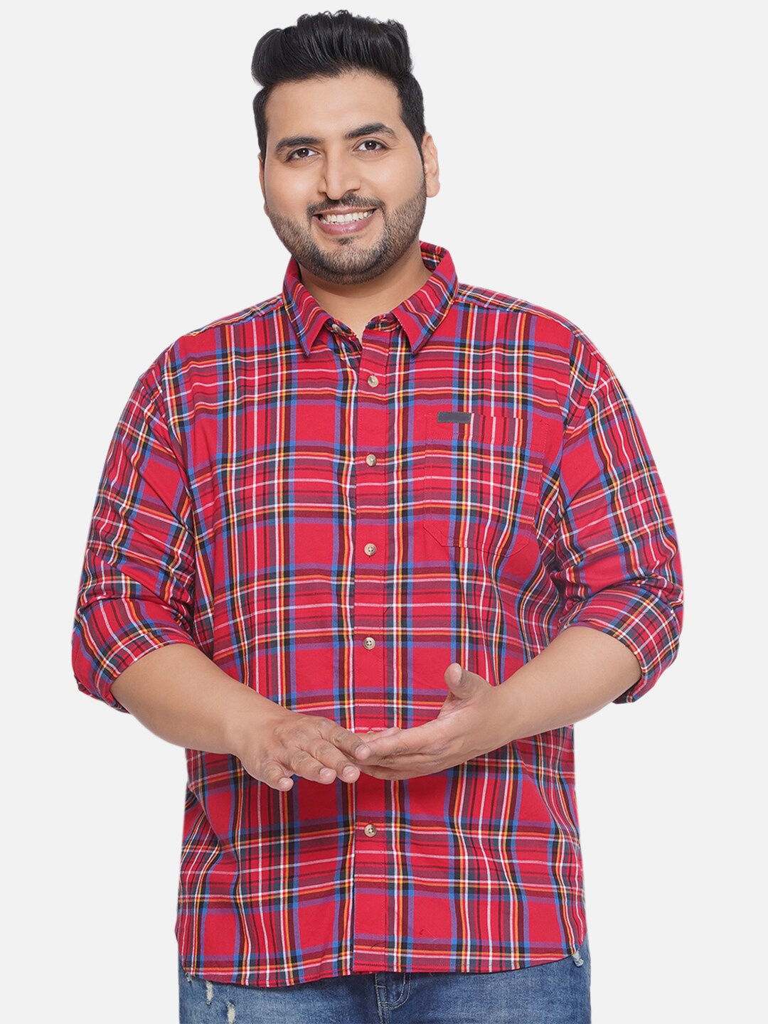 

Santonio Plus Size Classic Tartan Checked Polo Collar Long Sleeves Cotton Casual Shirt, Red