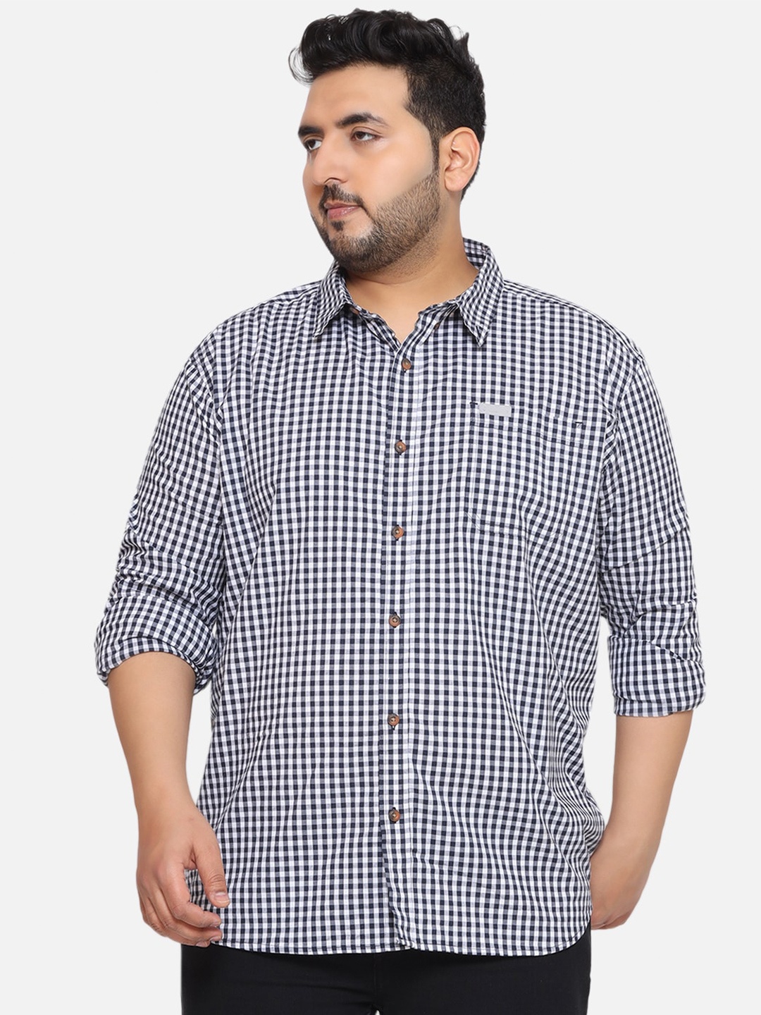

Santonio Plus Size Classic Gingham Checks Opaque Checked Cotton Casual Shirt, Black