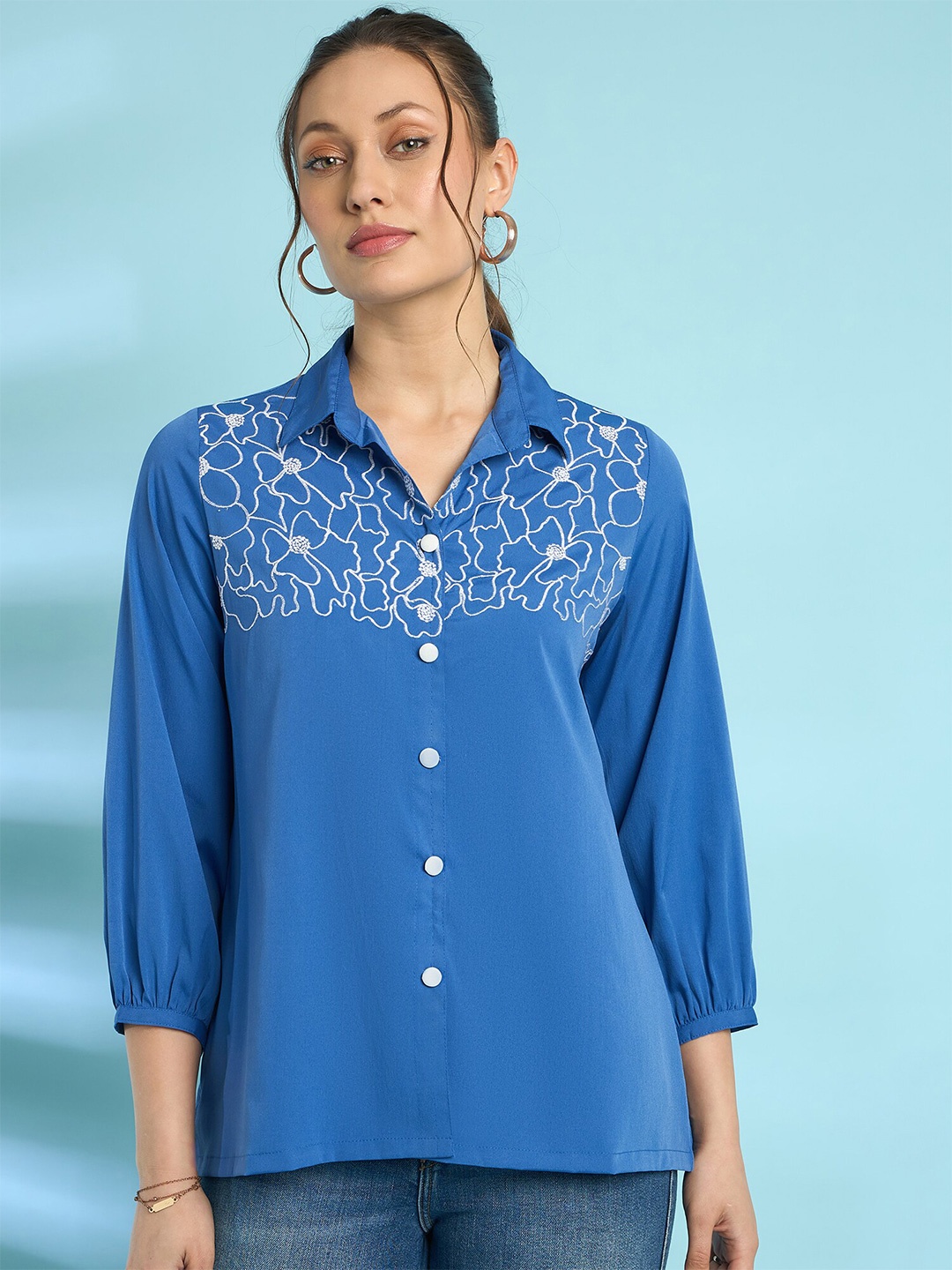 

Antheaa Blue Floral Embroidered Shirt Collar Puff Sleeves Shirt Style Top