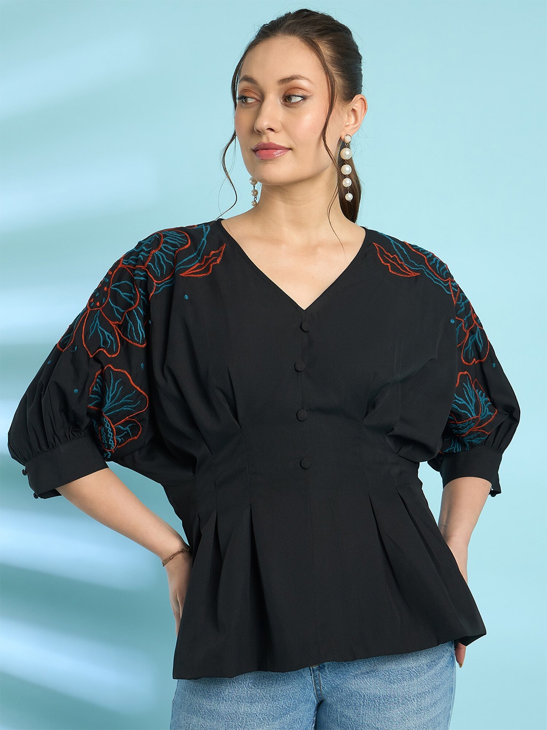 

Antheaa Black Floral Embroidered V-Neck Puff Sleeves Cinched Waist Top
