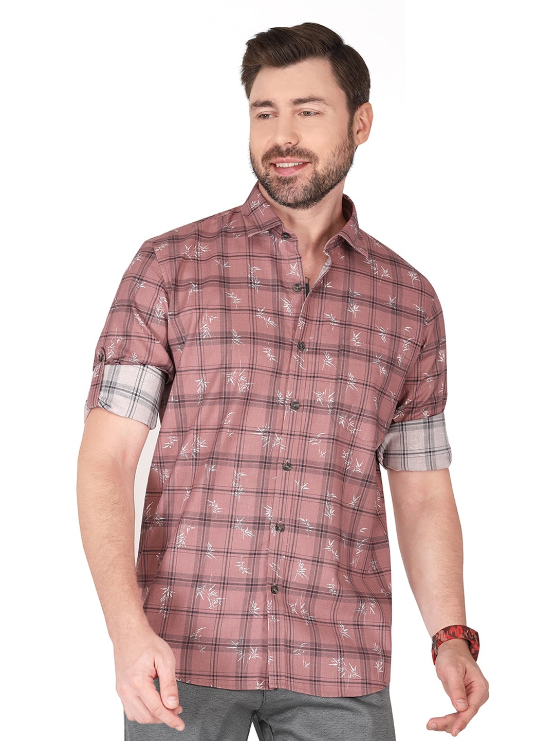 

Monterrey SF Relaxed Fit Checked Roll-Up Sleeves Cotton Casual Shirt, Pink